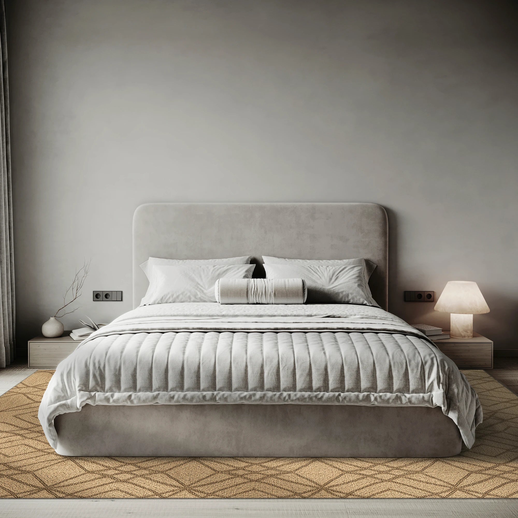 Modern bedroom with a gray bed and matching headboard against a neutral wall.