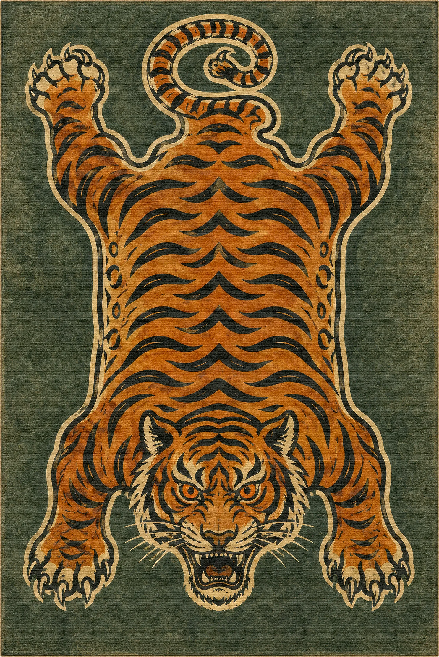 A stylized tiger area rug in orange and black with cream outlines, shown flat against a dark green background. The tiger is facing forward with its paws raised, and the artwork fills the frame.