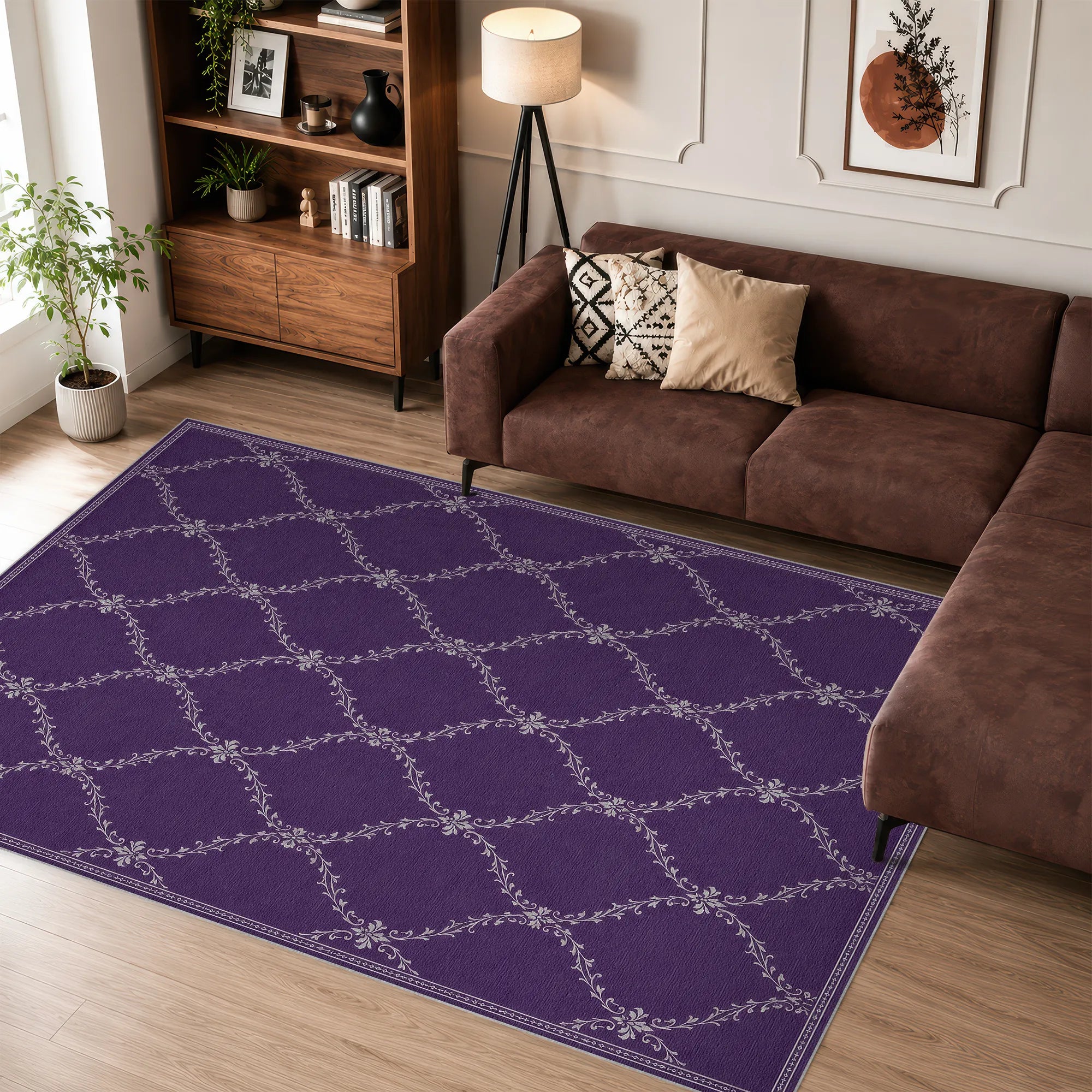 A purple lattice area rug with a white geometric lattice pattern is shown in a modern living room setting next to a brown sectional sofa and wooden bookshelf.