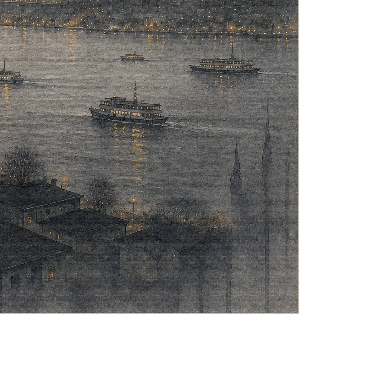 Ein stimmungsvoller Teppich mit der Istanbuler Uferpromenade, Fähren auf dem Wasser, niedrigen Gebäuden, kahlen Bäumen und hohen Kirchtürmen im Vordergrund, dargestellt in gedämpften Grau- und Blaugrautönen sowie warmen gelben Lichtreflexionen.