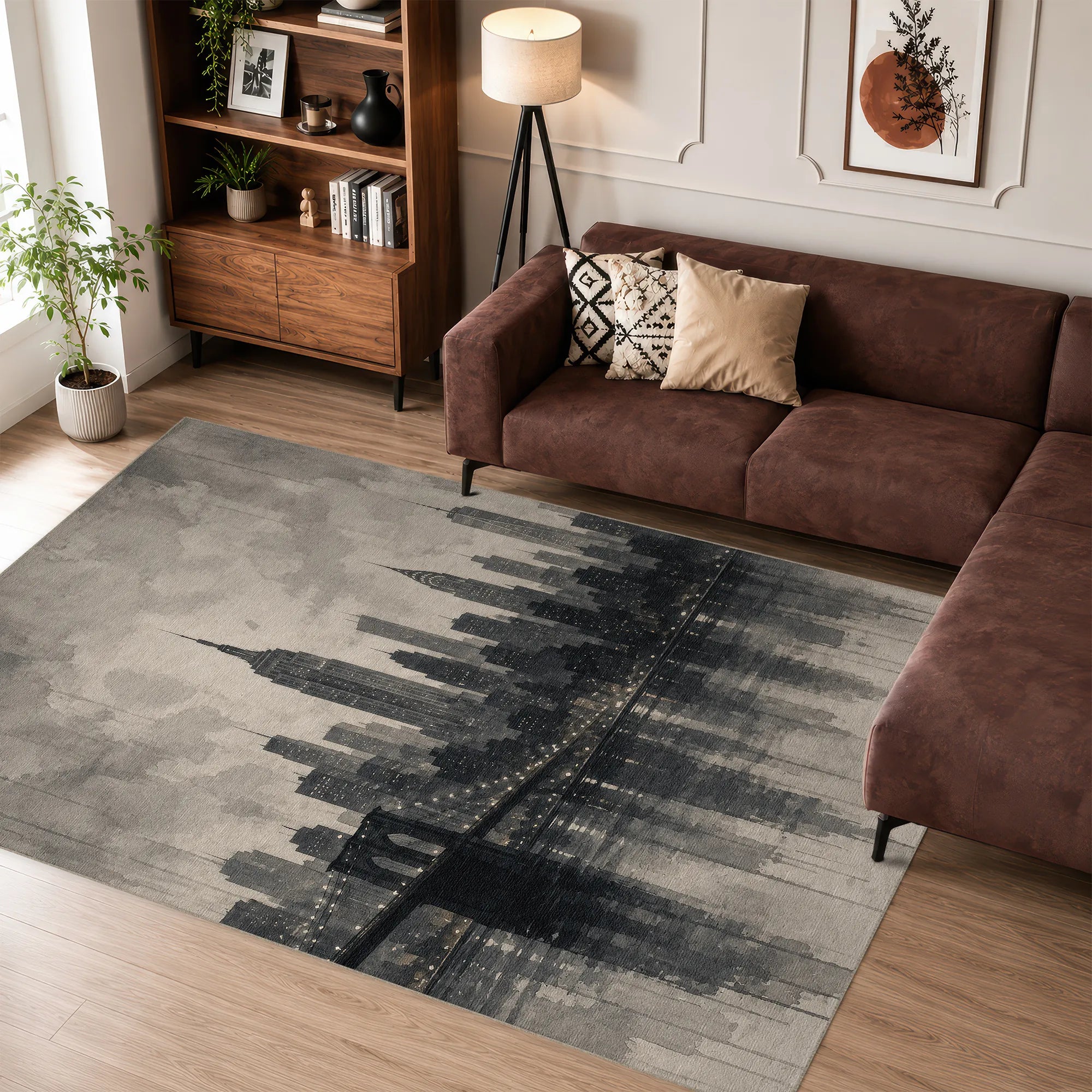 Monochromer Kunstdruck-Teppich mit Skyline von New York City