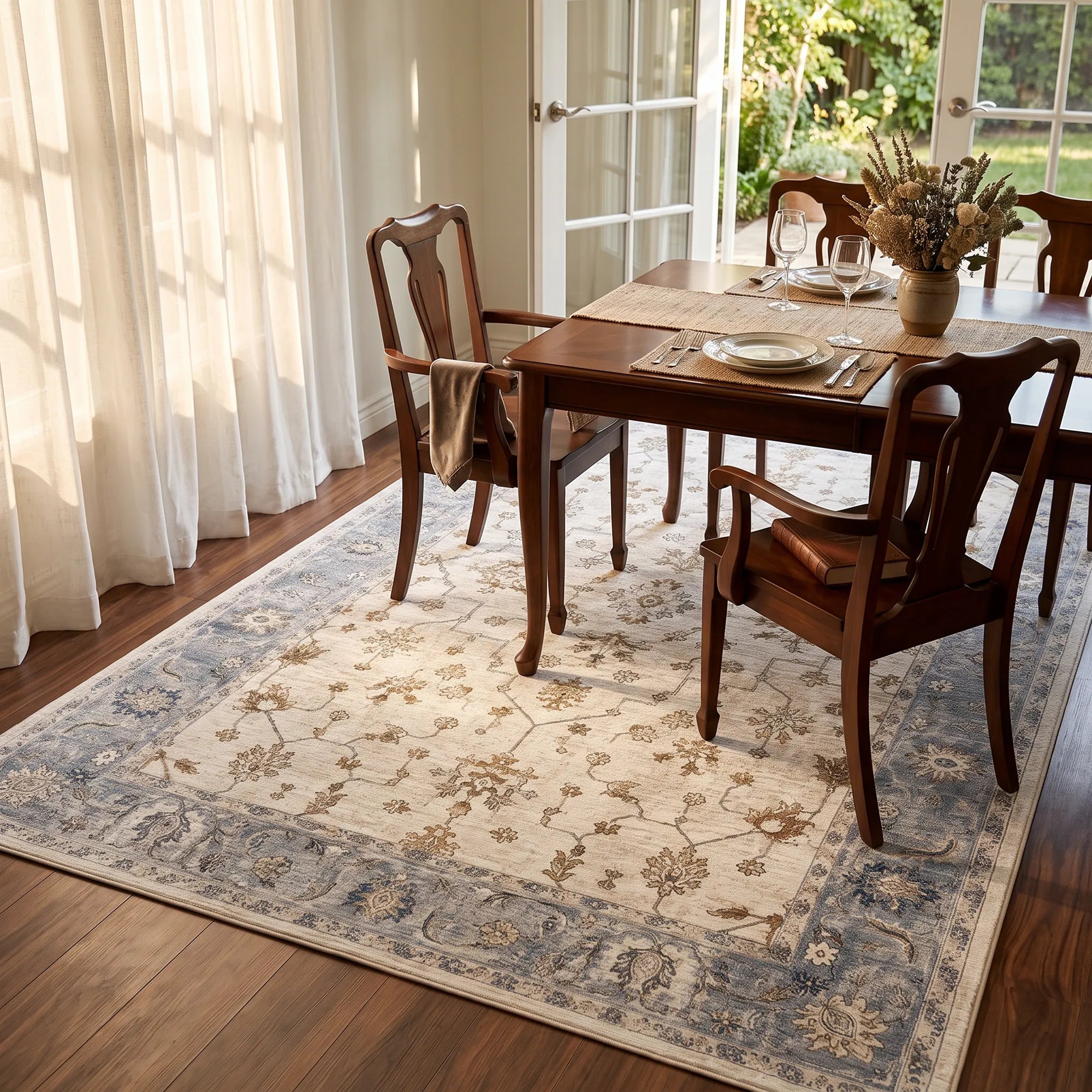 A large traditional-style area rug with a blue border and beige floral pattern, shown in a bright dining room setting under a wooden dining table and chairs.