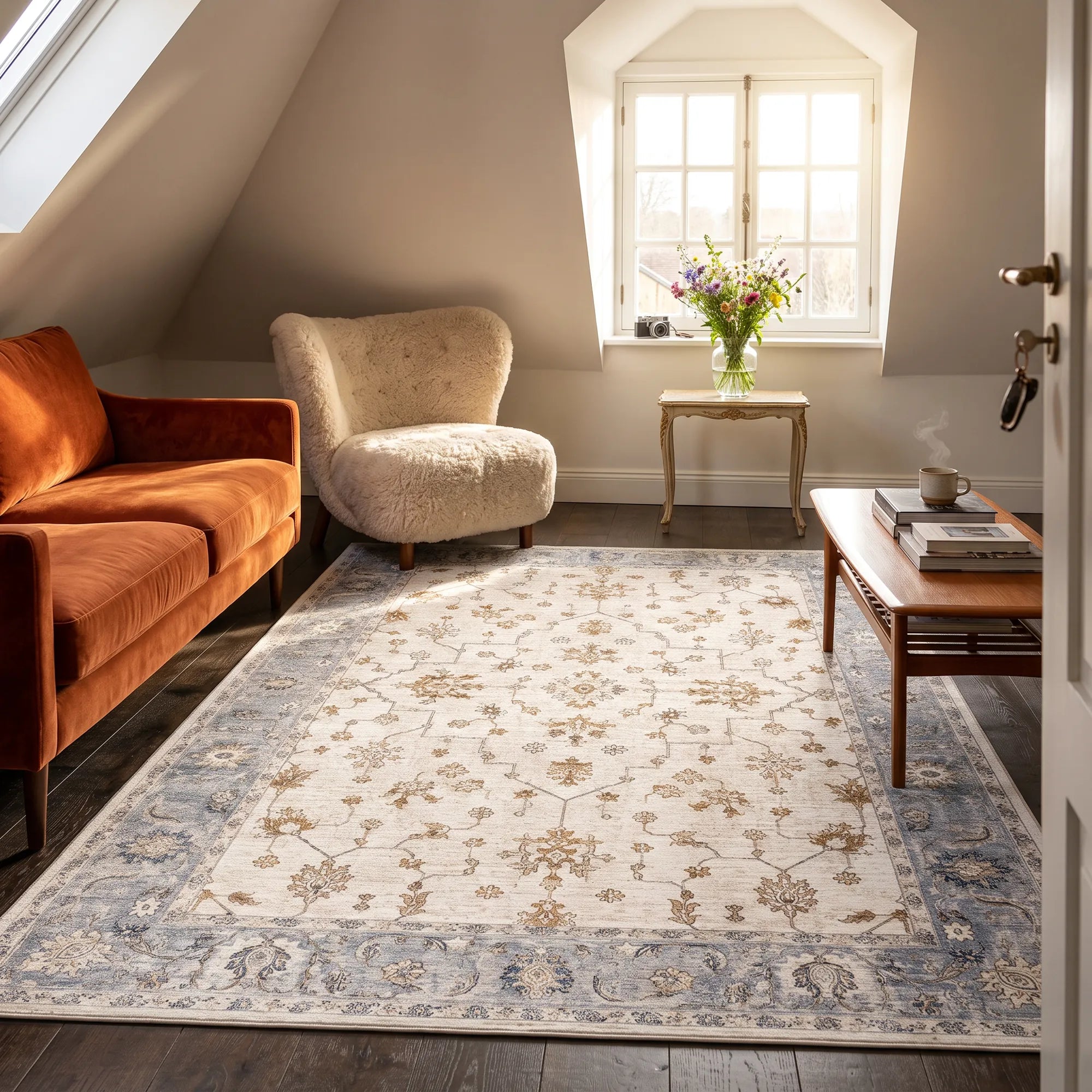 A large traditional-style area rug with an ivory field and blue-gray border is shown in a styled attic living room with an orange sofa, cream armchair, window, and wooden table.