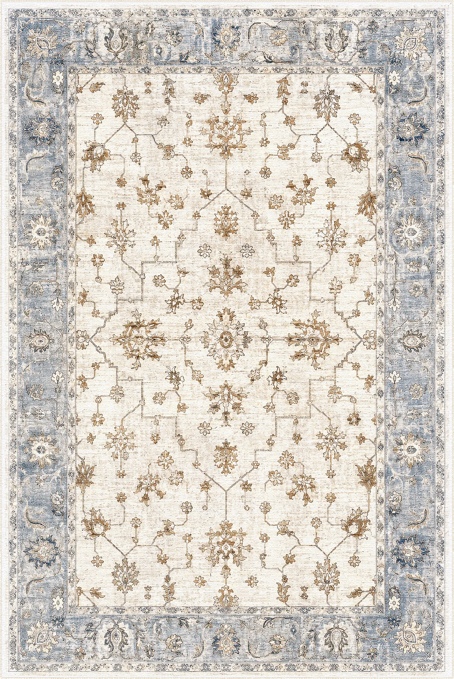 A traditional-style area rug with an off-white central field, a dusty blue border, and muted tan floral and geometric motifs throughout.