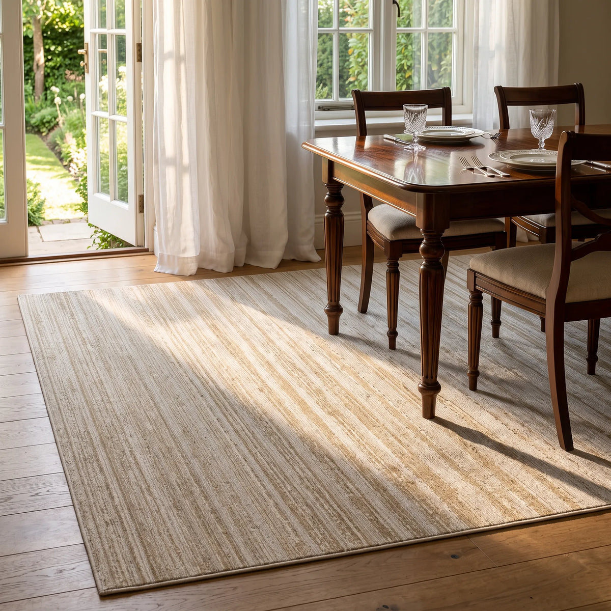 Ein großer rechteckiger Teppich in Beige- und Cremetönen mit dezenter horizontaler Struktur, arrangiert in einem hellen Esszimmer unter natürlichem Licht durch französische Türen, neben einem Esstisch und Stühlen aus dunklem Holz.