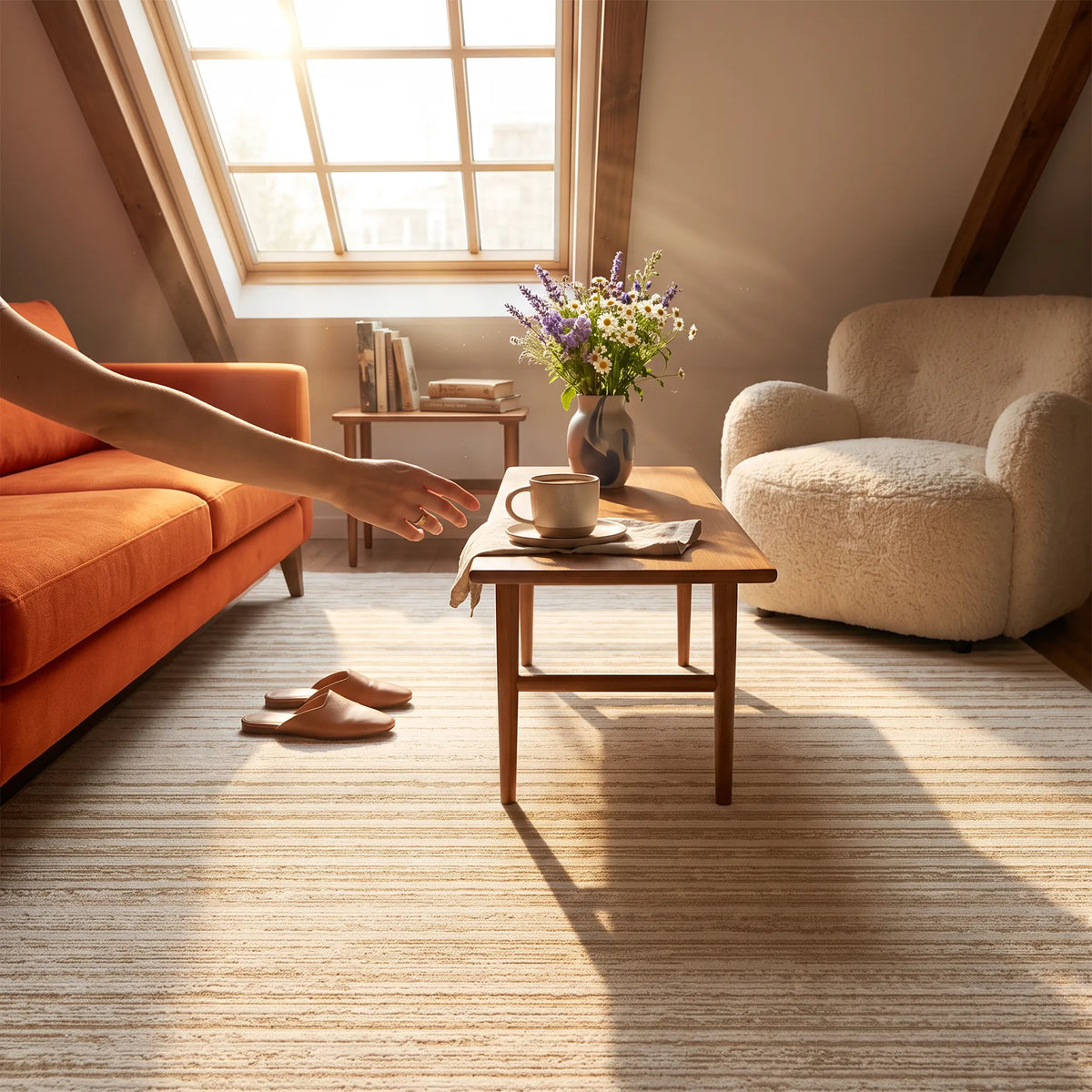 Ein gemütliches, sonnenbeschienenes Wohnzimmer im Dachgeschoss mit einem beigefarbenen Streifenteppich, einem orangefarbenen Sofa, einem cremefarbenen Bouclé-Sessel, einem hölzernen Couchtisch und einer Blumenvase. Der Arm und die Hand einer Person sind zu sehen, wie sie von links nach dem Tisch greifen.