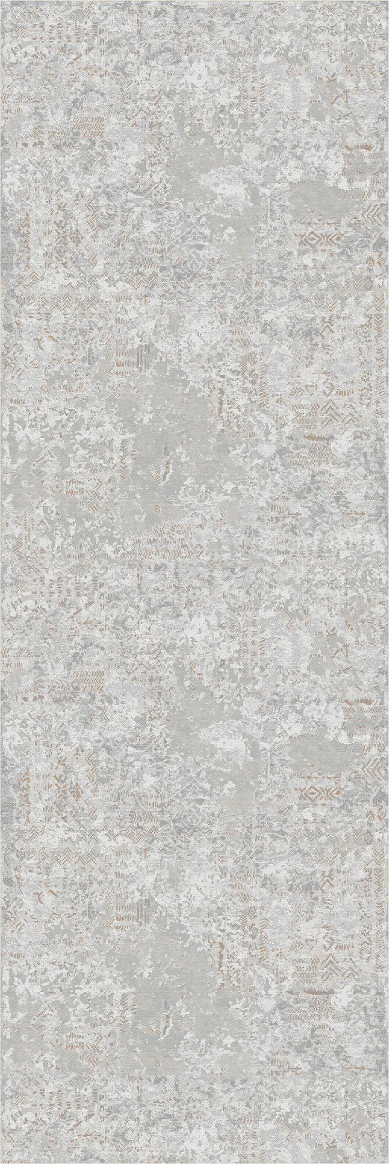A square sample of distressed patterned rug in soft light gray, beige, and off-white tones with an abstract vintage floral motif.