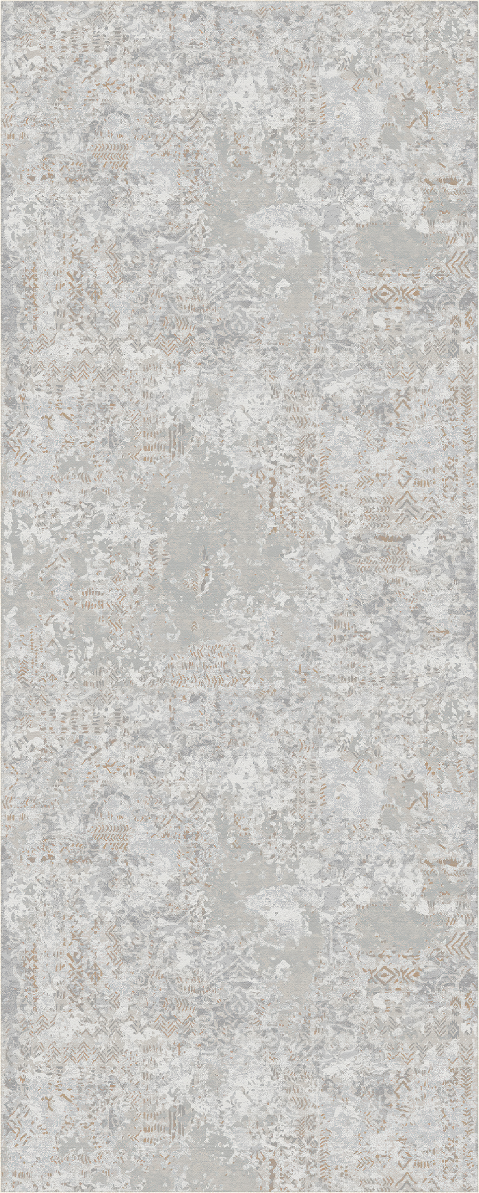 A square area rug with a distressed, vintage-style pattern in shades of light gray, beige, and off-white.