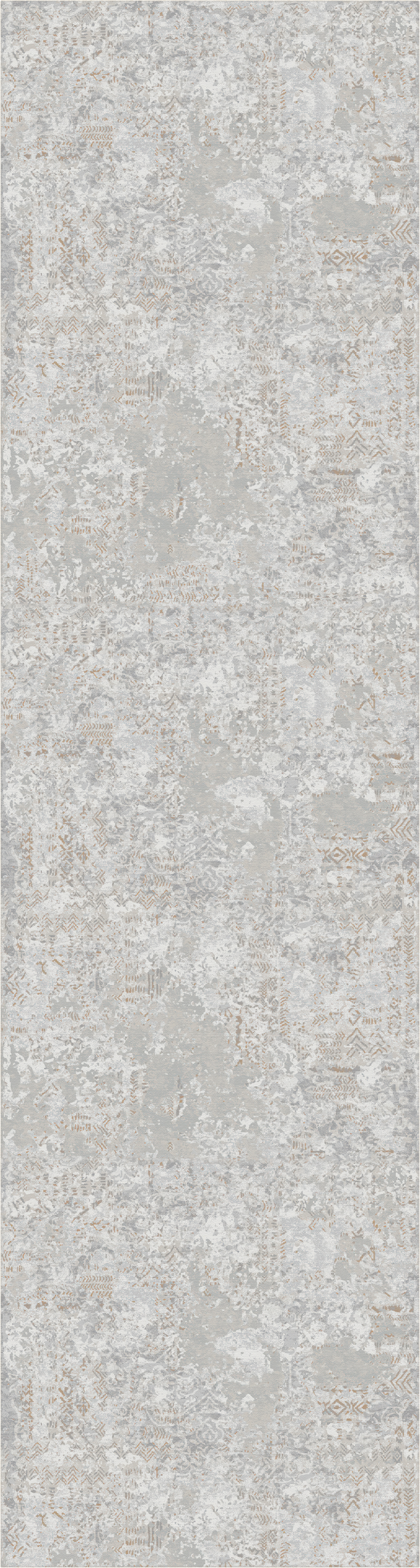 A close-up of a light gray and off-white distressed patterned rug with subtle beige undertones and a mottled, textured finish.