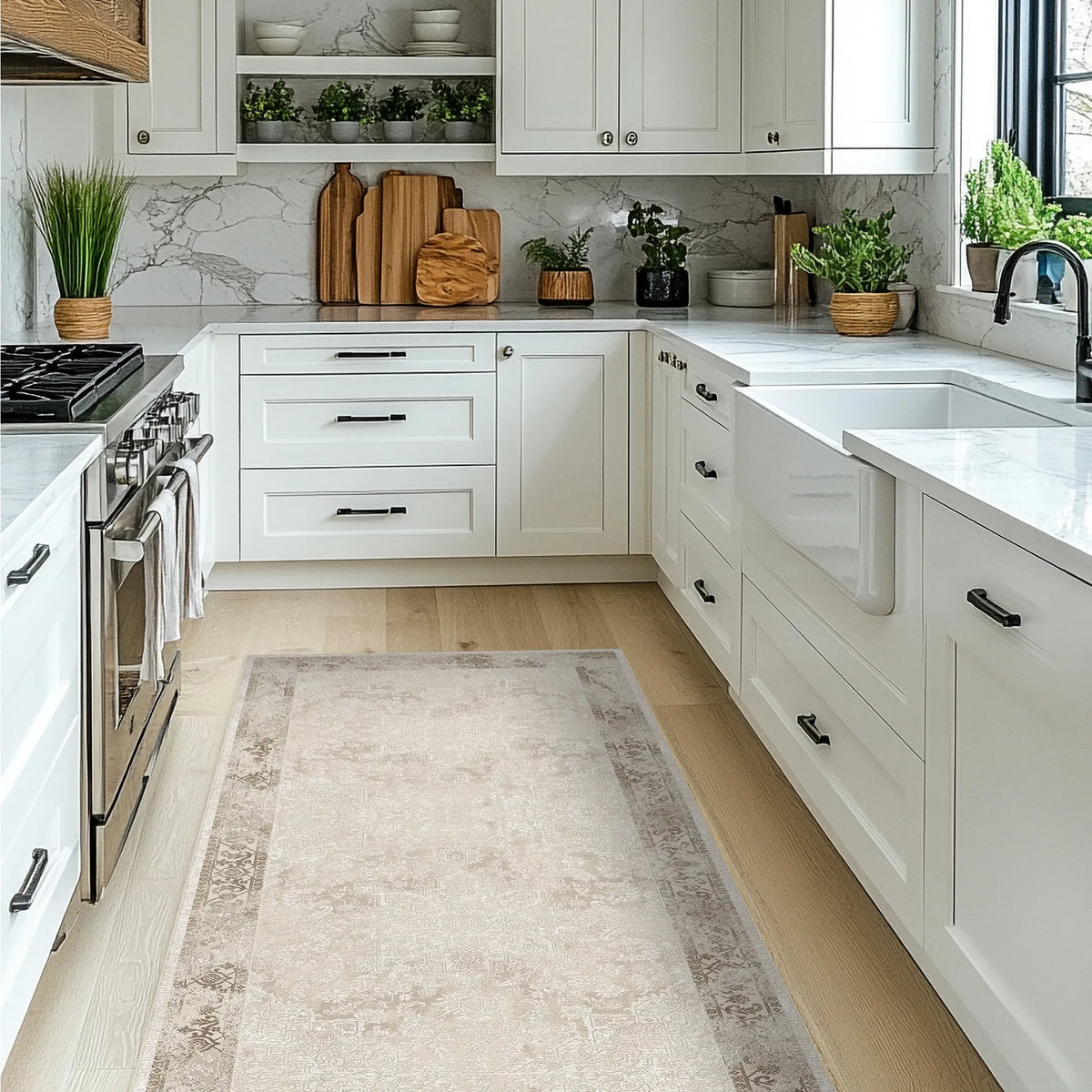 Moderne Küche mit weißen Schränken, Marmorarbeitsplatte und gemustertem Teppich auf Holzboden.