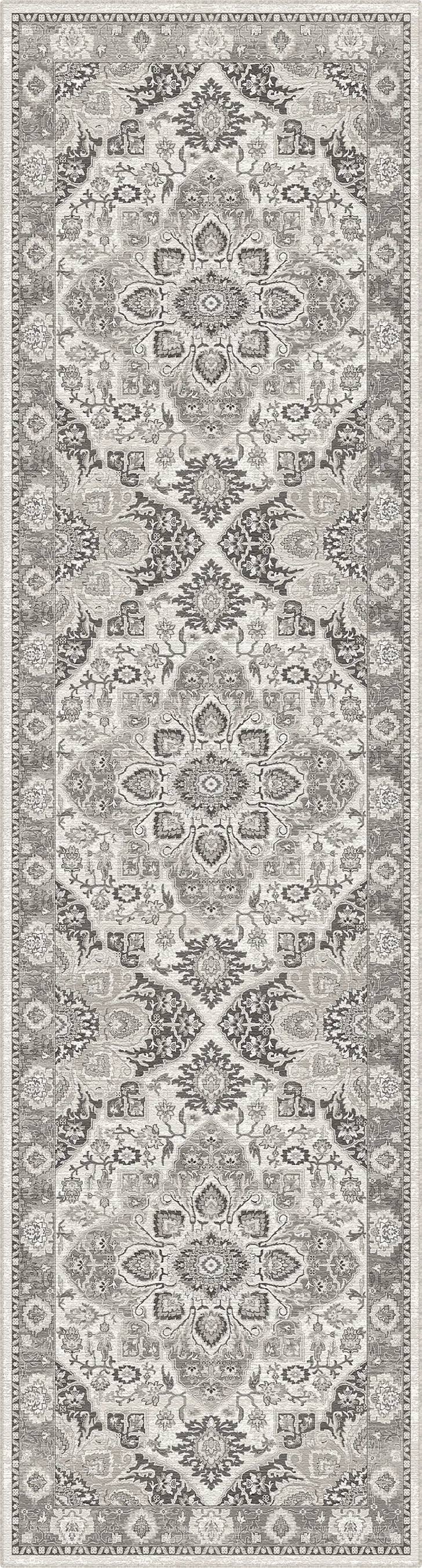 Gemusterter Teppich mit dekorativem Design in Grau und Weiß