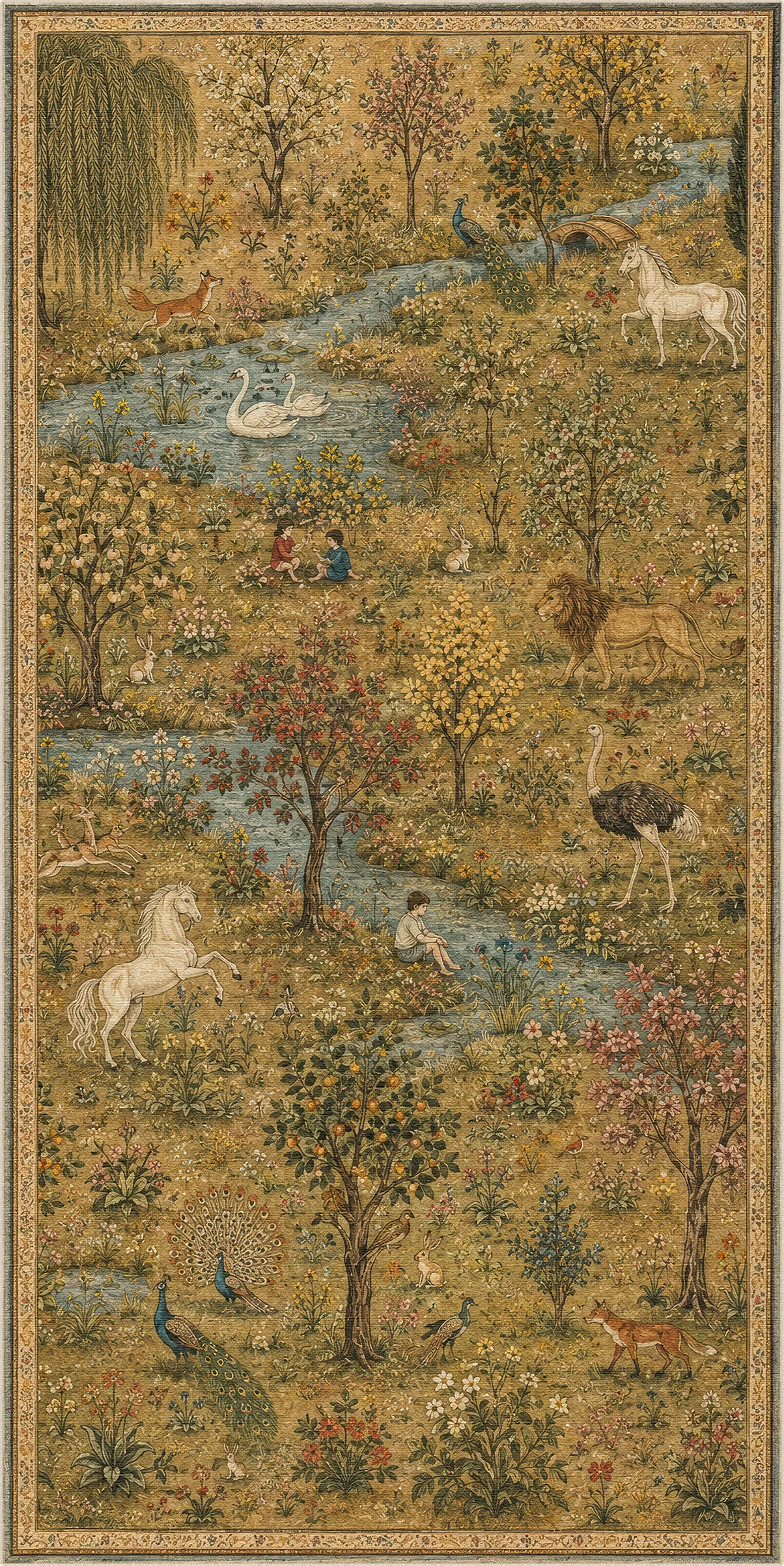 Ein stilvoller Teppich mit einer pastoralen Landschaft mit Tieren, Bäumen und einem sich schlängelnden Fluss, verziert mit einem kunstvollen floralen Rand.