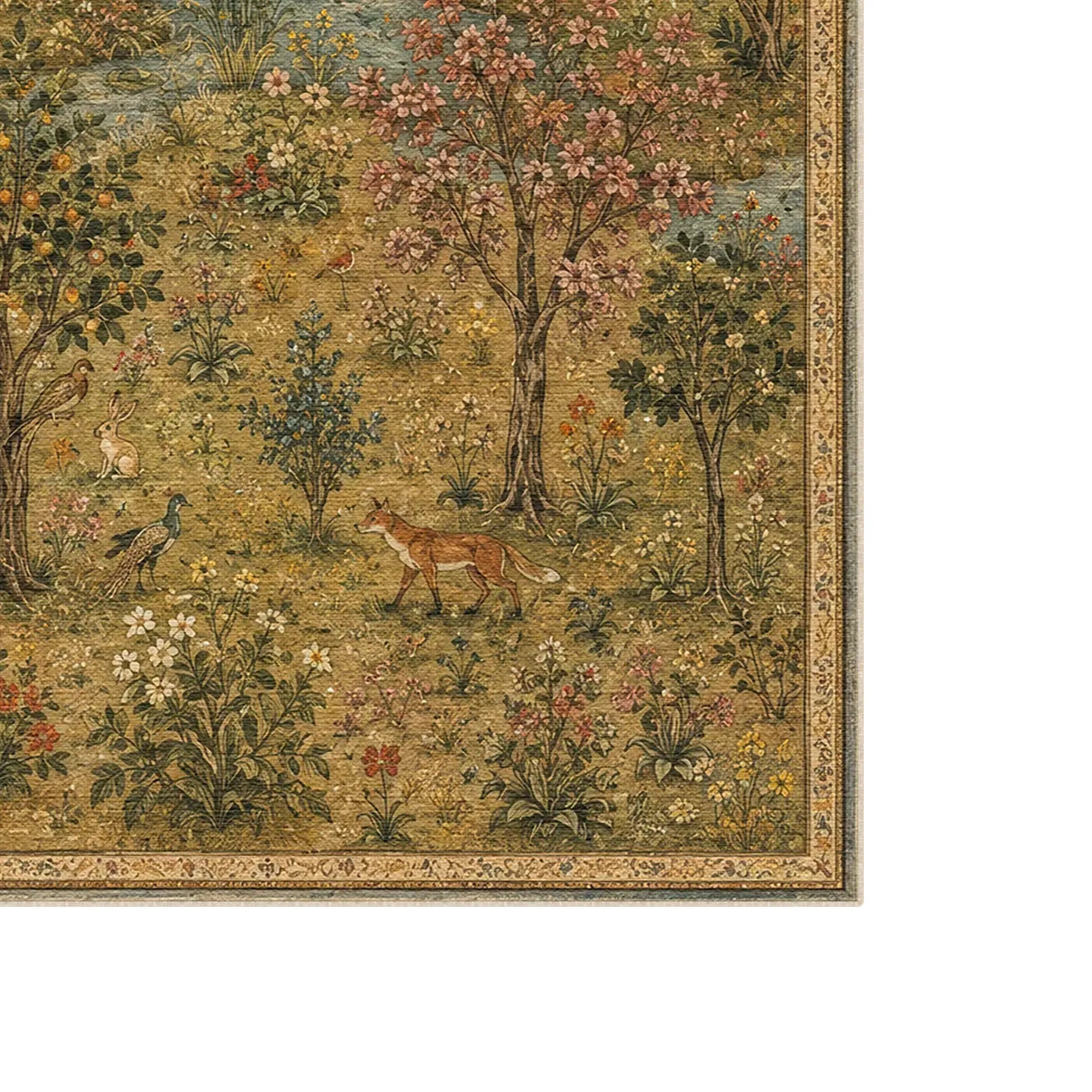 Eine Nahaufnahme eines Teppichs mit einem floralen und Waldmotiv, das Bäume, Blumen, Vögel und einen Fuchs zeigt, umgeben von einem kunstvoll gemusterten Rand auf weißem Hintergrund.