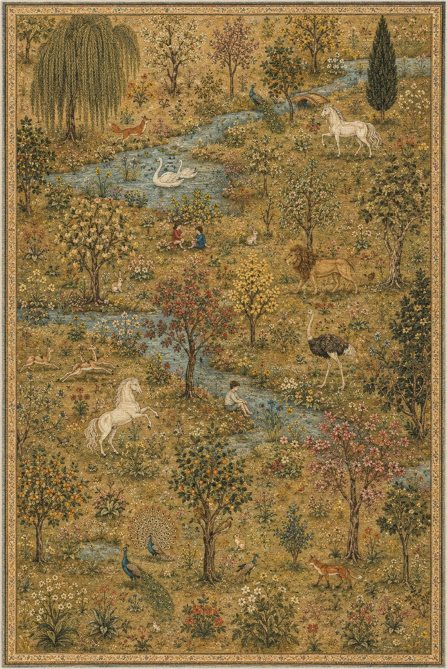 Ein detaillierter Teppich mit einer üppigen, pastoralen Landschaft, die Tiere, Bäume, einen Fluss und Figuren zeigt, umrahmt von einem dekorativen, gemusterten Rand.