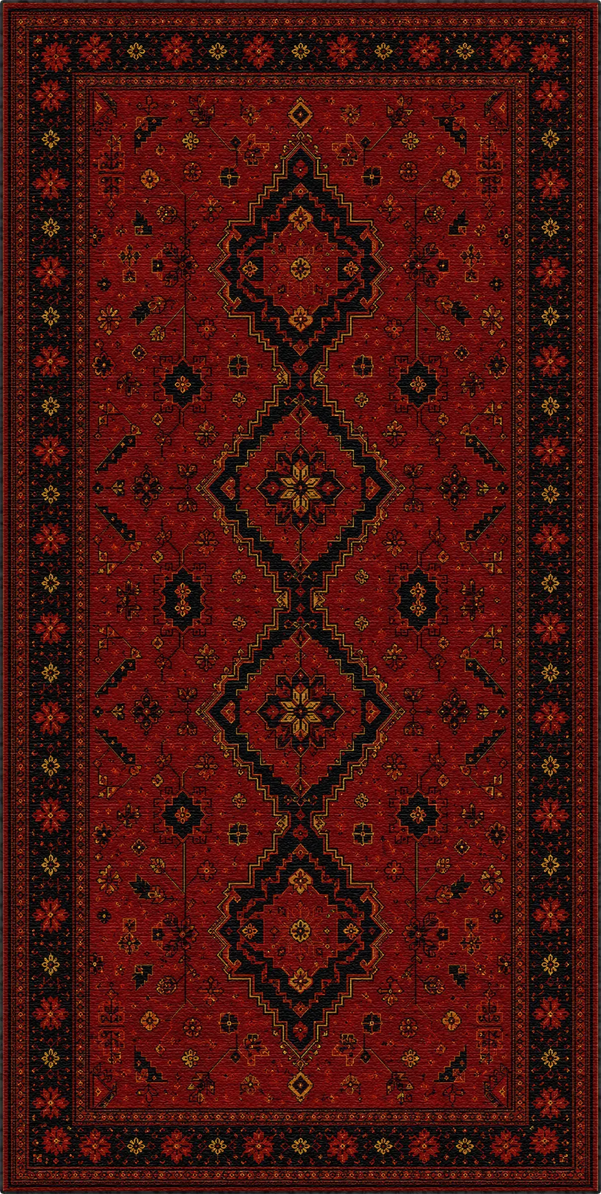 Ein traditioneller orientalischer Teppich mit einem tiefroten Feld, das drei große vertikale Diamantmedaillons in Schwarz, Rot und Gold zeigt, umgeben von einem dunklen, gemusterten Rand.
