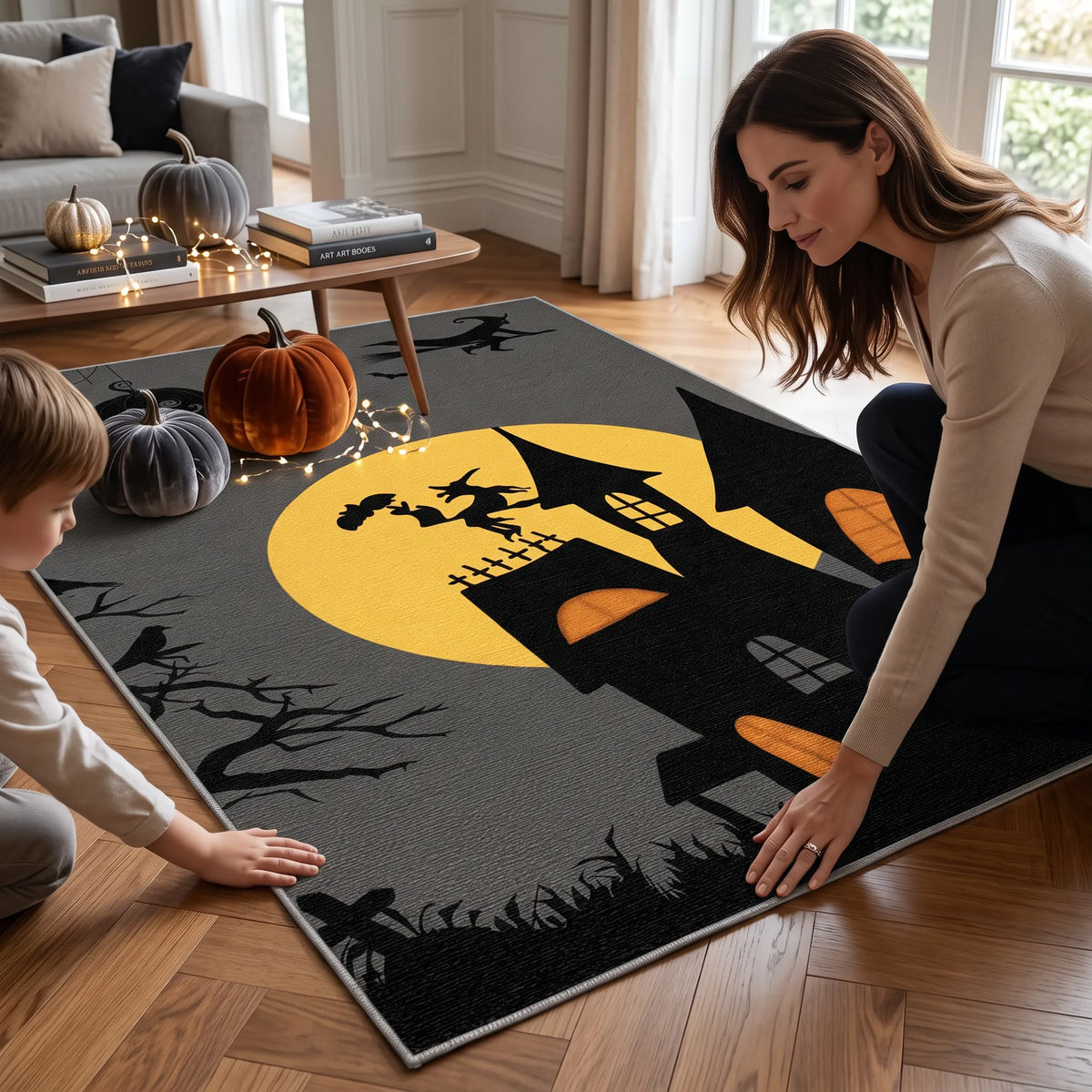 Eine Frau und ein Kind knien in einem hellen Wohnzimmer auf einem großen, Halloween-inspirierten Teppich. Der Teppich zeigt die schwarze Silhouette eines Spukhauses, kahle Bäume, Fledermäuse und Grabsteine vor einem großen gelben Vollmond sowie kleine orangefarbene Fensterdetails.