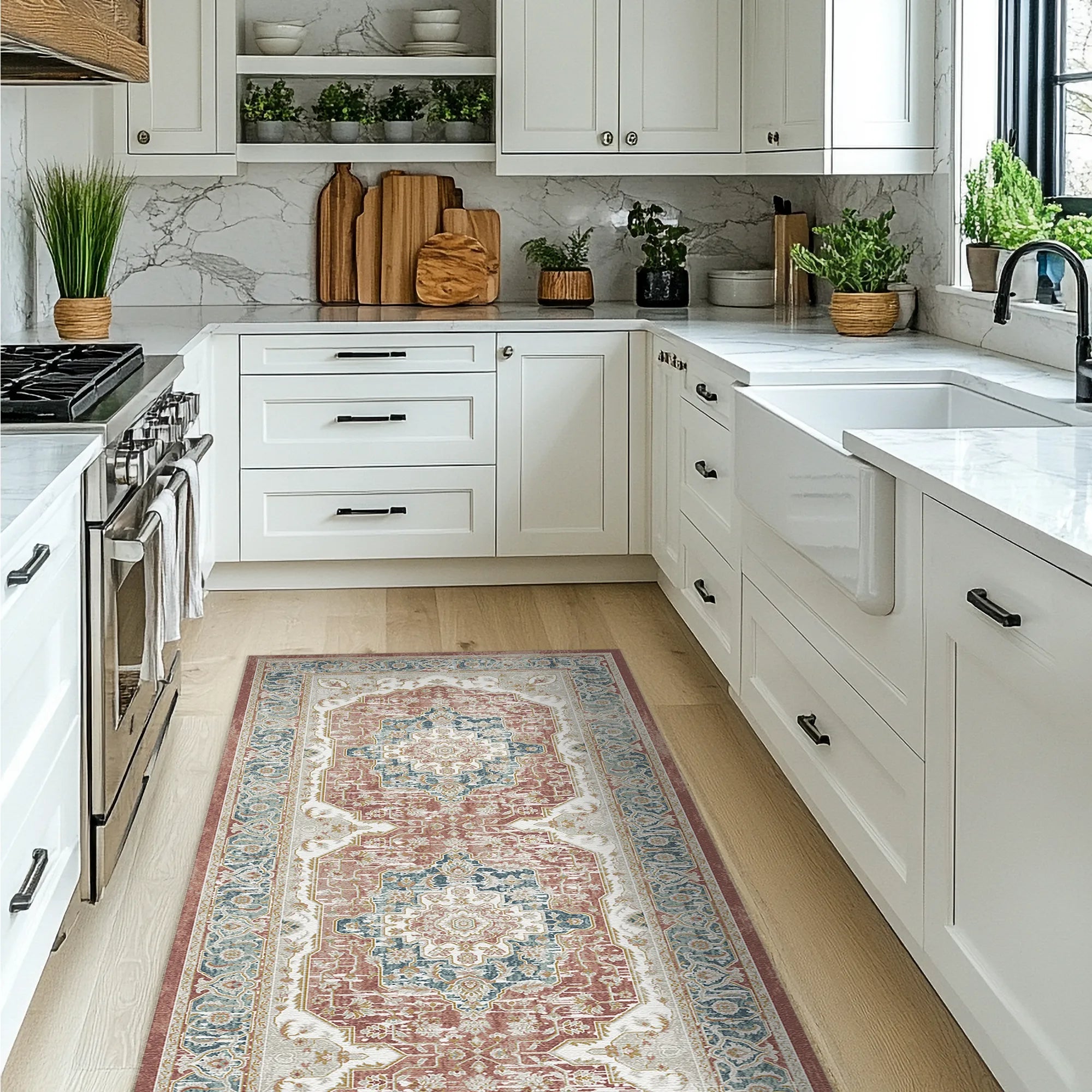 Moderne Küche mit weißen Schränken, Marmorarbeitsplatte und dekorativem Teppich auf Holzboden.