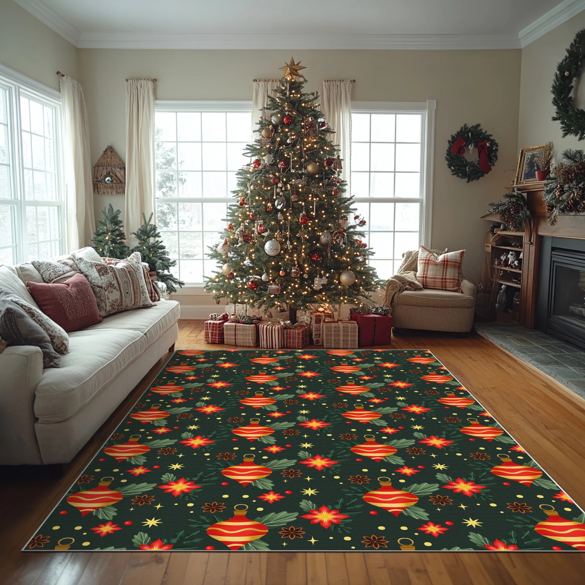 Weihnachtskugel Blumen waschbarer Teppich