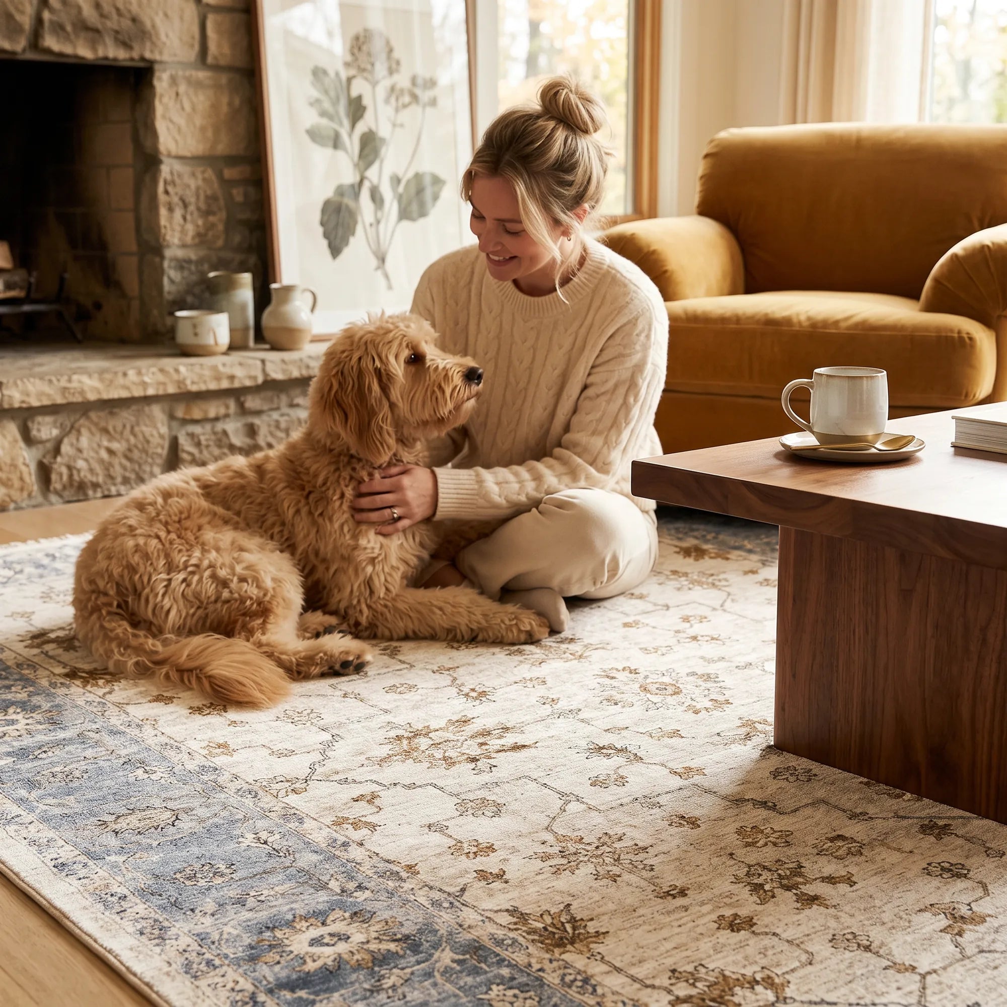 A woman sits on a patterned area rug in a cozy living room, petting a golden dog. The room features a stone fireplace, a mustard yellow armchair, and a wooden coffee table with a cup.